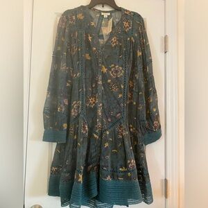 NWT Sundance Catalog “Andes Meadow” Teal Floral Pattern Dress Size L Large $129